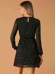 Choker V Neck Flared Gilding Metallic Shiny Star A-Line Dress