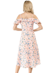 Spaghetti Strap Asymmetrical High Low Floral A-Line Midi Dress