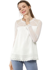Lace Mesh Long Sleeve Top Round Neck Casual Elegant Blouse