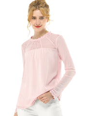 Lace Mesh Long Sleeve Top Round Neck Casual Elegant Blouse