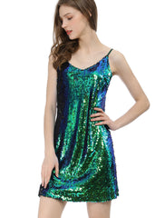 Glitter Sequin V Neck Spaghetti Strap Mini Party Dress