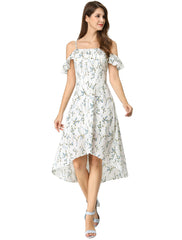 Spaghetti Strap Asymmetrical High Low Floral A-Line Midi Dress