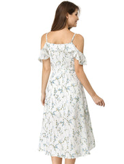 Spaghetti Strap Asymmetrical High Low Floral A-Line Midi Dress
