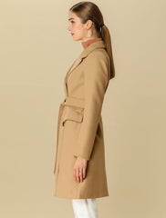 Notch Lapel Double Breasted Belted Mid Long Outwear Winter Coat