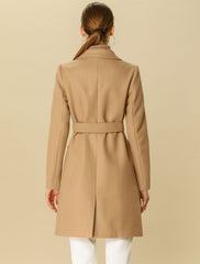 Notch Lapel Double Breasted Belted Mid Long Outwear Winter Coat