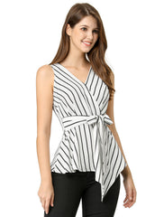 Sleeveless V Neck Tie Waist Asymmetric Hem Wrap Peplum Top