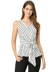 Sleeveless V Neck Tie Waist Asymmetric Hem Wrap Peplum Top