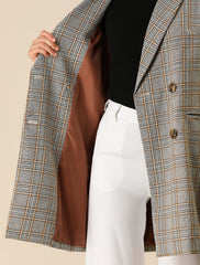 Double Breasted Notched Lapel Plaid Trench Blazer Coat