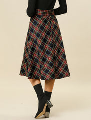 Christmas Tartan Plaid High Waist Belted Vintage A-Line Midi Skirt