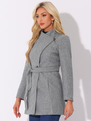 Classic Stand Collar Long Sleeve Belted Winter Coat