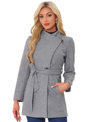 Classic Stand Collar Long Sleeve Belted Winter Coat