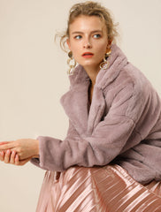Allegra K Cropped Notch Lapel Faux Fur Fluffy Jacket