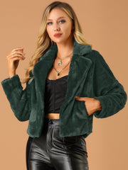 Allegra K Cropped Notch Lapel Faux Fur Fluffy Jacket