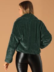 Allegra K Cropped Notch Lapel Faux Fur Fluffy Jacket
