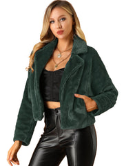 Allegra K Cropped Notch Lapel Faux Fur Fluffy Jacket