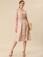 Floral Print V-Neck Long Sleeve Smocked Waist Midi Dress
