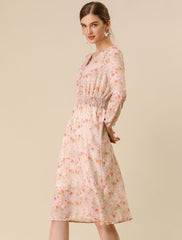 Floral Print V-Neck Long Sleeve Smocked Waist Midi Dress