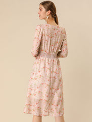 Floral Print V-Neck Long Sleeve Smocked Waist Midi Dress