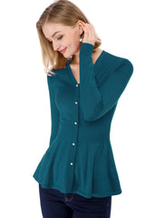 V Neck Long Sleeve Ribbed Pullover Knitted Peplum Top