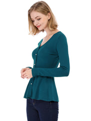 V Neck Long Sleeve Ribbed Pullover Knitted Peplum Top