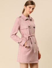 Notched Lapel Double Breasted Faux Suede Trench Coat Jacket with Belt
