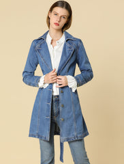 Notched Lapel Belted Trench Long Jean Denim Jacket