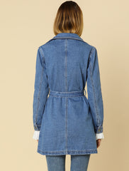Notched Lapel Belted Trench Long Jean Denim Jacket