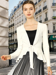 Women's Tie Front Knit Ruffled Long Sleeve Open Cardigan