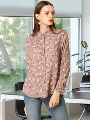 Button Down Floral Shirt Blouse Long Sleeve Point Collar Top