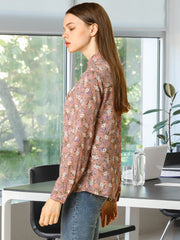 Button Down Floral Shirt Blouse Long Sleeve Point Collar Top