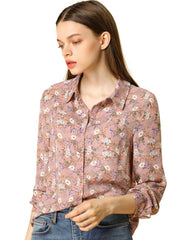 Button Down Floral Shirt Blouse Long Sleeve Point Collar Top
