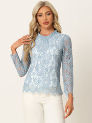 Lace Long Sleeve Ruffle Stand Neck Floral Blouse