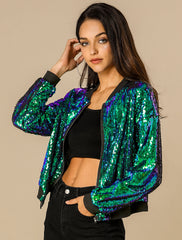 Sequin Sparkle Party Long Sleeve Zipper Bomber Jacket