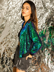 Sequin Sparkle Party Long Sleeve Zipper Bomber Jacket