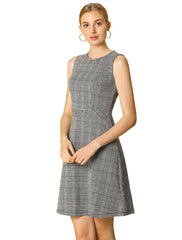 Plaid Sleeveless Fit and Flare Houndstooth Work Dress