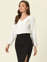 Ruffle Neck Gathered Cuff Long Sleeves Blouse