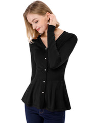 V Neck Long Sleeve Ribbed Pullover Knitted Peplum Top