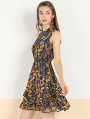 Floral A-line Smocked Waist Tiered Ruffled Chiffon Mini Dress