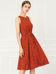Floral Drawstring Waist Sleeveless A-Line Midi Dress Sundress