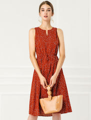 Floral Drawstring Waist Sleeveless A-Line Midi Dress Sundress