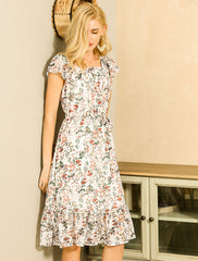 Floral Chiffon Flutter Sleeve Belted Square Neck Ruffled Hem Dress