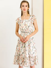 Floral Chiffon Flutter Sleeve Belted Square Neck Ruffled Hem Dress