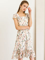 Floral Chiffon Flutter Sleeve Belted Square Neck Ruffled Hem Dress