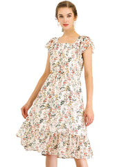 Floral Chiffon Flutter Sleeve Belted Square Neck Ruffled Hem Dress