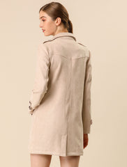Notched Lapel Double Breasted Faux Suede Trench Coat Jacket with Belt