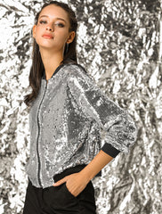 Sequin Sparkle Party Long Sleeve Zipper Bomber Jacket