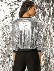 Sequin Sparkle Party Long Sleeve Zipper Bomber Jacket