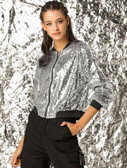 Sequin Sparkle Party Long Sleeve Zipper Bomber Jacket