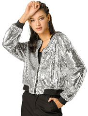Sequin Sparkle Party Long Sleeve Zipper Bomber Jacket