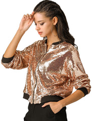Sequin Sparkle Party Long Sleeve Zipper Bomber Jacket